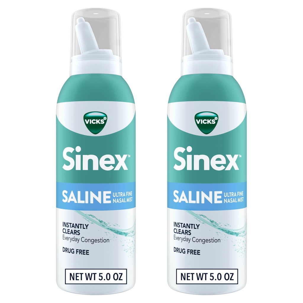 Ofiary Sinex SALINE Nasal Spray, Prochy wolne Ultra Fine Mist, Przezroczysty codziennie zatory zatokowe szybko, Przezroczysty Mucus z zimna lub alergii, Codziennie Użyj 5.0 fl oz x 2