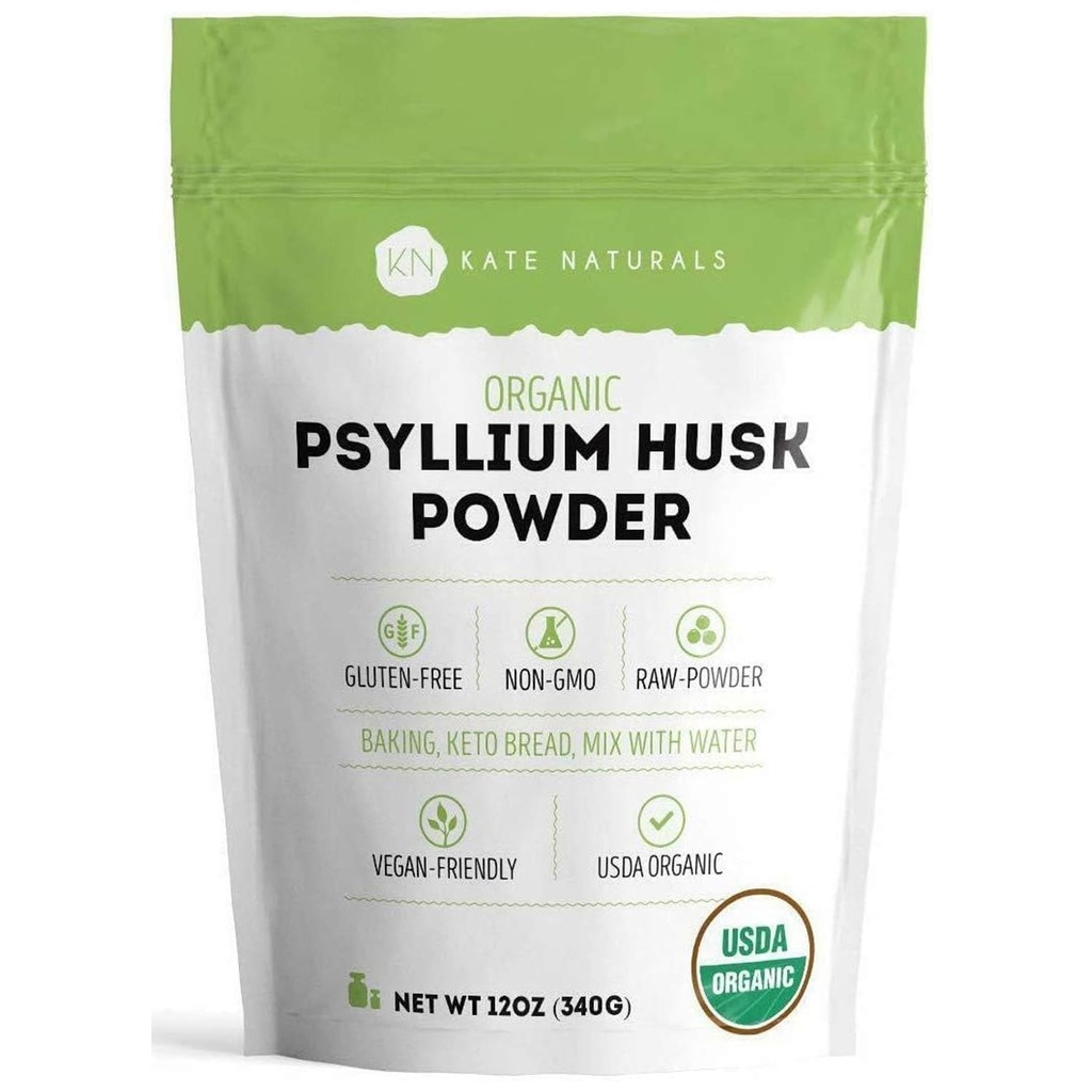 Kate Naturals Psyllium Husk Powder for Baking, Fiber & Trawienie. Proszek do nasion pylu dla psów i kotów (12oz, Organic, Gluten Free, Pet Safe)