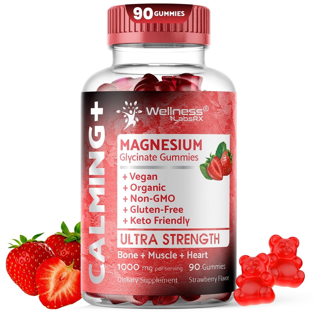 Magnezu Gummies Glycinate, 1000 mg - Magnezu Suplement do Relaks, Heart Health - Gummeje do żucia spokojny Magnesio dla dorosłych, Glicinato De Magnesio - Strawberry Flavor
