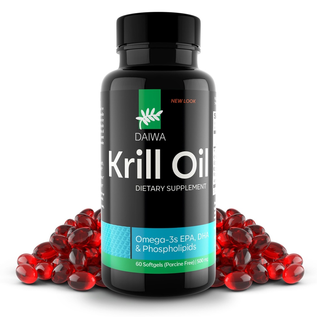 Daiwa Krill Oil 1000mg Softgels - EPA DHA Omega 3 Antarktyczny olej krylowy Suplement z Astaksantyną - Naturalne rozwiązanie dla stawów, Wsparcie mózgu i zdrowia serca - 60 / ct