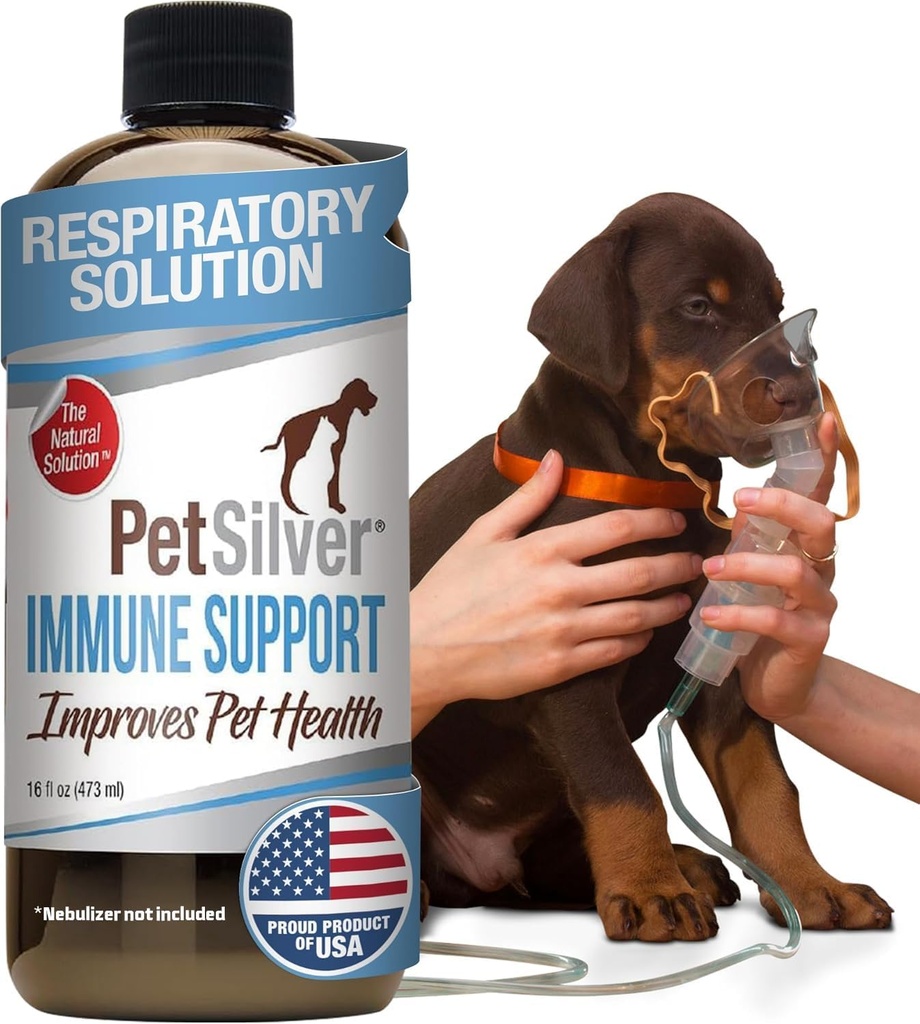 PetSilver Immune Support, Natural Nebulizer Solution, Promotes Research Health in Cats & Dogs, Alergie, Sinus & Cough Leczenie, Łatwy w użyciu, Opatentowany Chelated Silver, Made in The USA, 16 fl oz