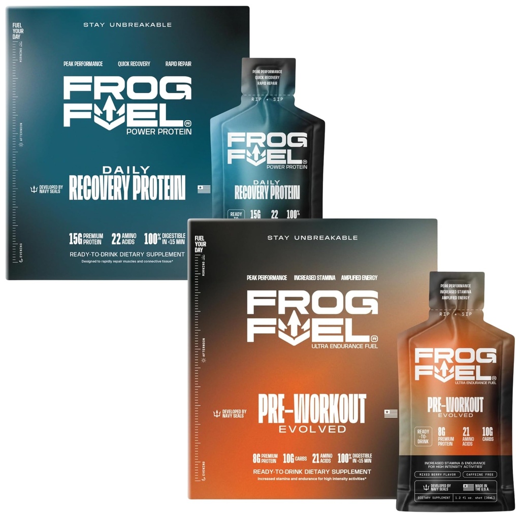 Żaba Paliwo Moc Regularne Białko i Ultra Pre Workout Shot Bundle, 1500mg Beta Alanine, 15 g Białko Nano- Zhydrolizowane Kolagen trawy, Pre & Post Workout, 1.2 oz Pakiety, 48 Pack