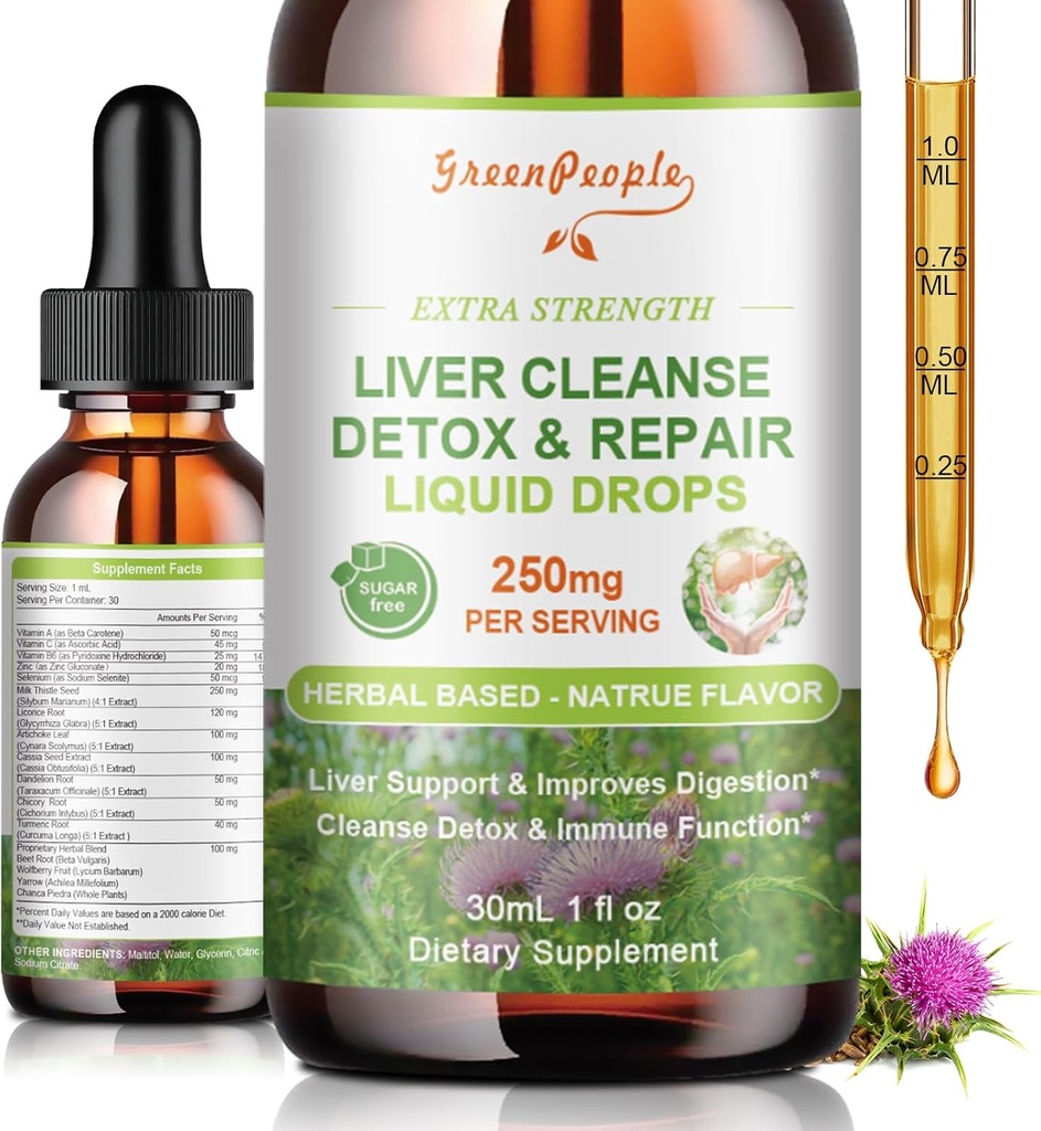GREENHUS Liver Cleanse Detox & Repair Drops - Suplement do wątroby w / Mleko Thistle Silymarin, Artichock & Dandelion do Detox wątroby & Wsparcie - 16x Pothent Herb- Nutrigents - 1Fl Oz Natural Flavor