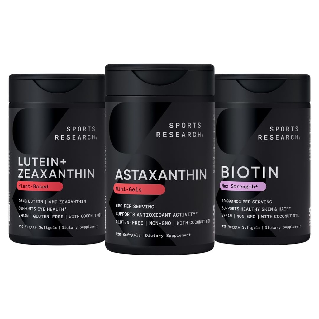 Sport Research Biotin (B7) 10,000 mcg + Lutein + Zeaksantyna (20 mg) + Astaksantyna Suplement z Algae (6 mg) - Wszystkie wegańskie 124; 120 Softgels Każdy 124; Wszystkie wykonane z oleju kokosowego dla lepszej absorpcji