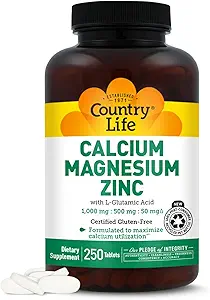 Country Life Magnezu Cynk wapniowy z kwasem glutaminowym L- glutaminowym, Suplement diety dla wsparcia kości, Certified gluten Free, 1000mg / 500mg / 50mg, 250 tabletek