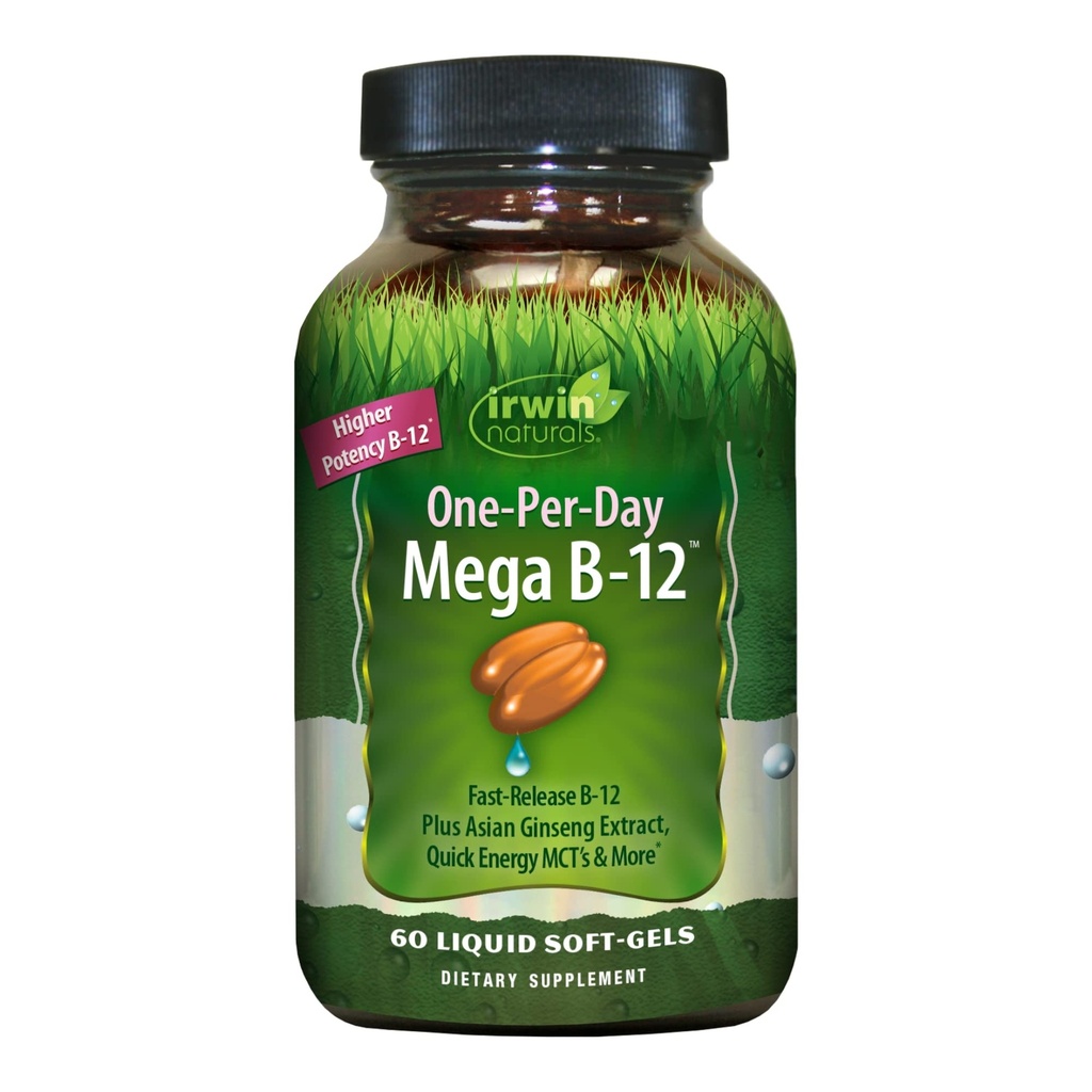 Irwin Naturals One- Per- Day Mega B- 12 1,500mcg Wysoka potencja Methylcobalamina Witamina - Szybkie zwiększenie wchłaniania z MCT + Azjatycki Ginseng - Natural Energy Boost - 60 Płynne Softgels
