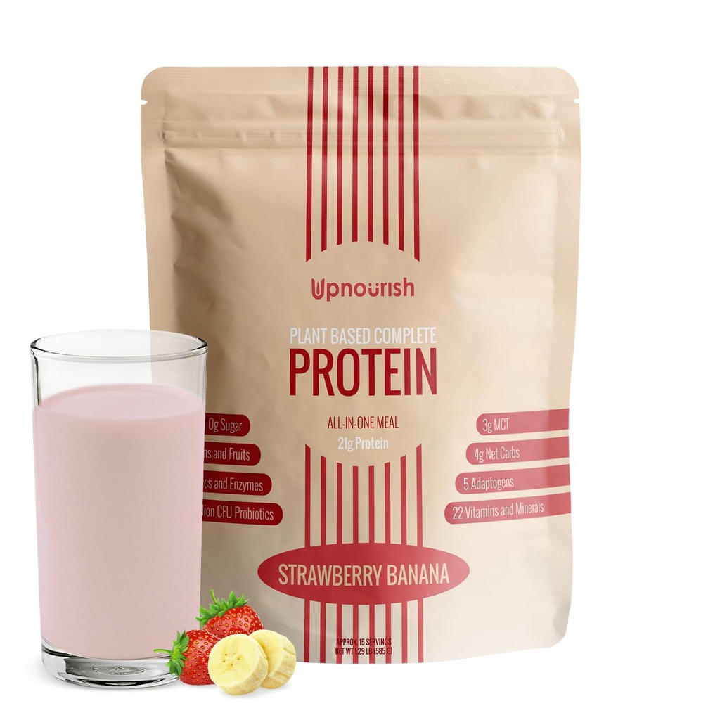 UpNourish Strawberry Banana Vegan Protein Powder 54 Superfoods Proszek, 1,5 Miliard CFU Probiotyki 21g Rośliny na bazie białka, No Sugar No Dairy No GMO Dairy Free, Meal Replacement Shake Keto- Friendly Low- Carb Diet, 15 Służenie