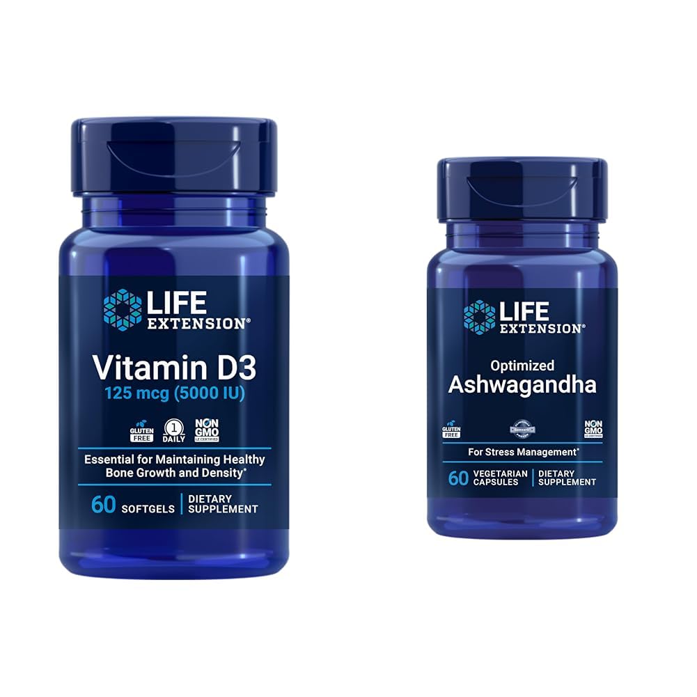 Life Extension Witamina D3 5000 IU, Ashwagandha - Relief stresowy, Focus, Pamięć, Wsparcie nastrojów - Nie-GMO Suplement Bundle