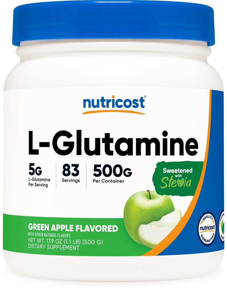 Nutricost L- glutamina w proszku suplement (zielone jabłko) 500 g - Gut Support, 5 Grams per serving, Sweetened with Stevia - Gluten Free, Nie GMO