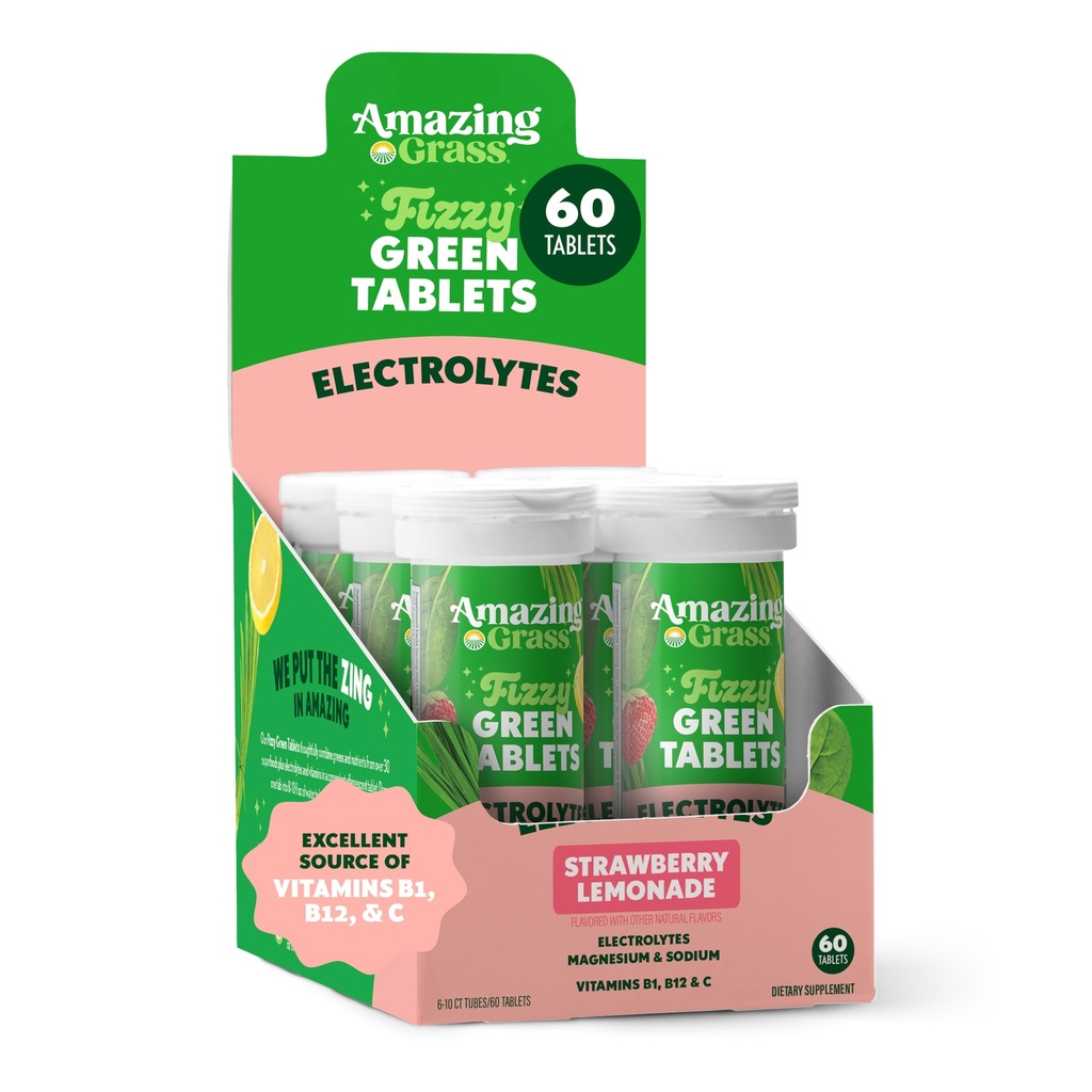 Amazing Grass Electrolyte Tablets, Fizzy Zielone tabletki do zapachu wody z witamin, Hydrate Truskawki Lemoniada, 10 Licznik (Opakowanie po 6) (Opakowania maja Vary)