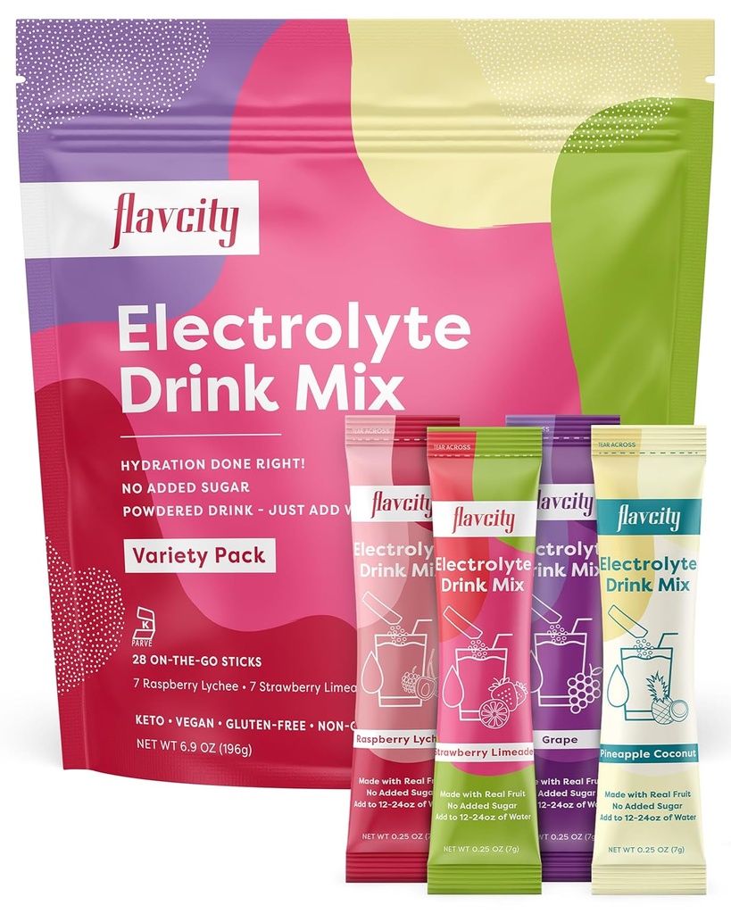 FlavCity Electrolytes Drink Mix, Variety Pack, 28 On- The- Stick Packs - Zdrowe opakowania proszku Electrolytes Made with Real Fruit - Keto Drink proszkowany bez dodatku cukru, Gluten- Free