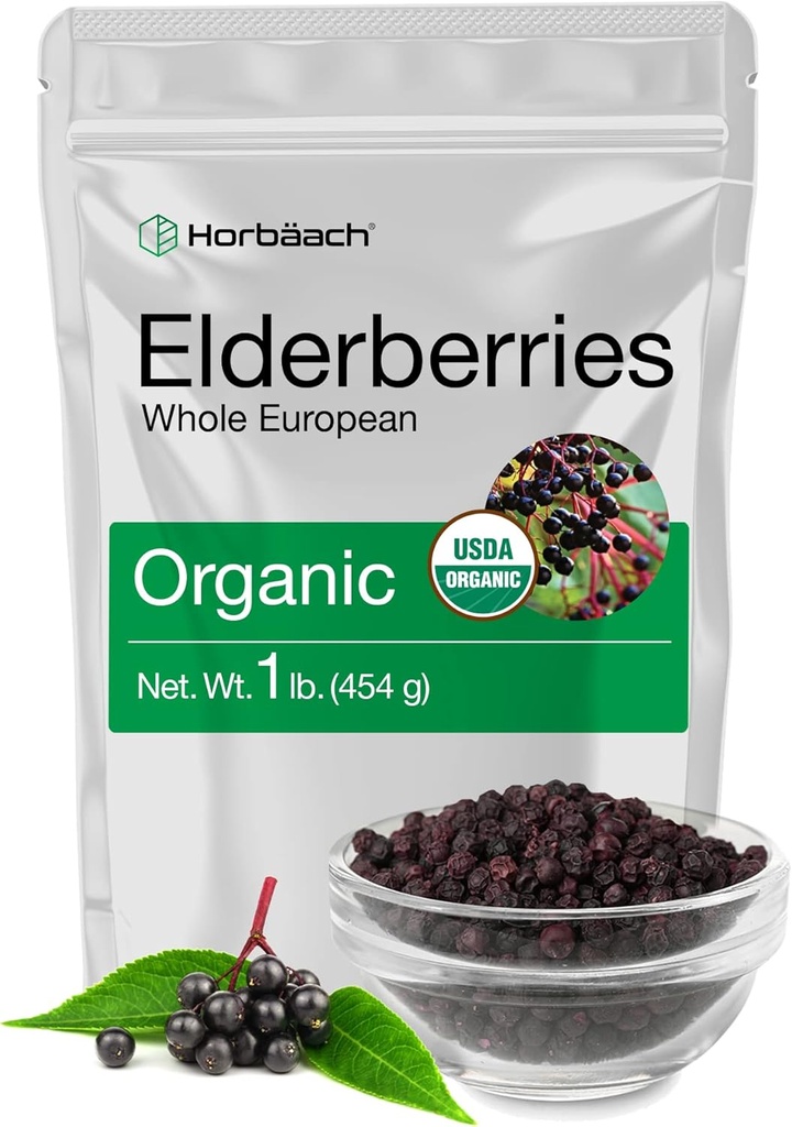 Horbäach Elderberry Suszone Organiczne 124; 1 lb Bag luzem 124; Cały Europejski 124; Non- GMO, Gluten Wolny 124; Sambucus Nigra
