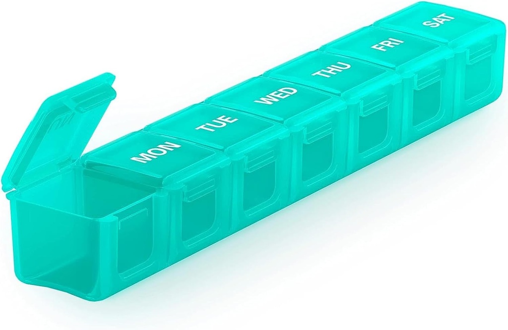 Sukuos Extra Duży Weekly Pill Organizator, 7 Daily Daily Pill Case Case Artreatre Friendly, Silkscreen Wydrukowany pojemnik na leki z jasnym lid na witaminy, Oleje rybne lub suplementy (Cyan)