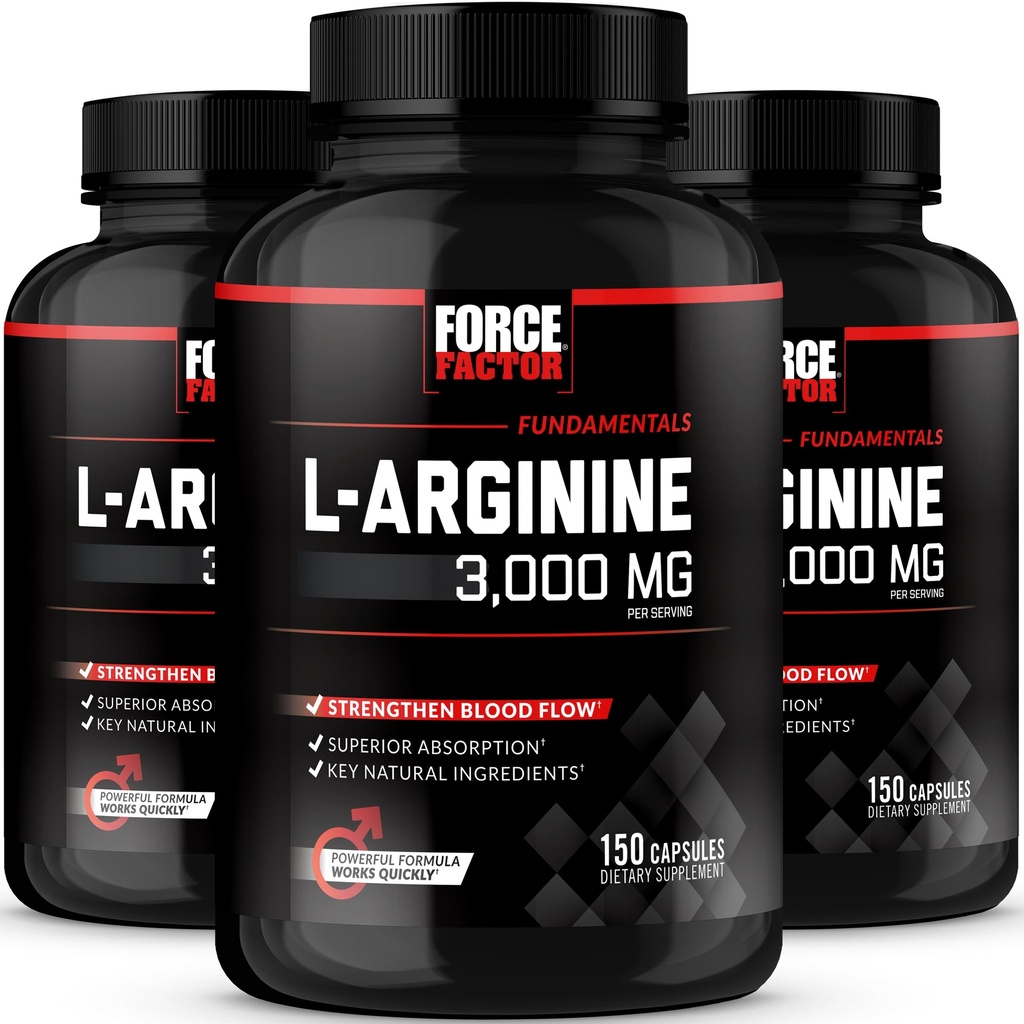 Force Factor L-Arginine, Nitric Oxide Supplement with BioPerine to Help Build Muscle & Support Stronger Blood Flow, Circulation, Nutrient Delivery, & Pumps, L-Arginine 3000mg, 450 Capsules (Pack of 3)