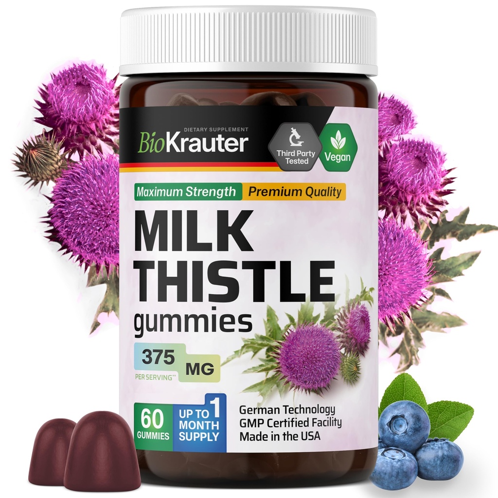 BIO KRAUTER Mleko cienka Wątroba Detox Gummies - 1500 mg Silimarin Milk Thisle Supplement - Wegan Żelatyna Free Formuła