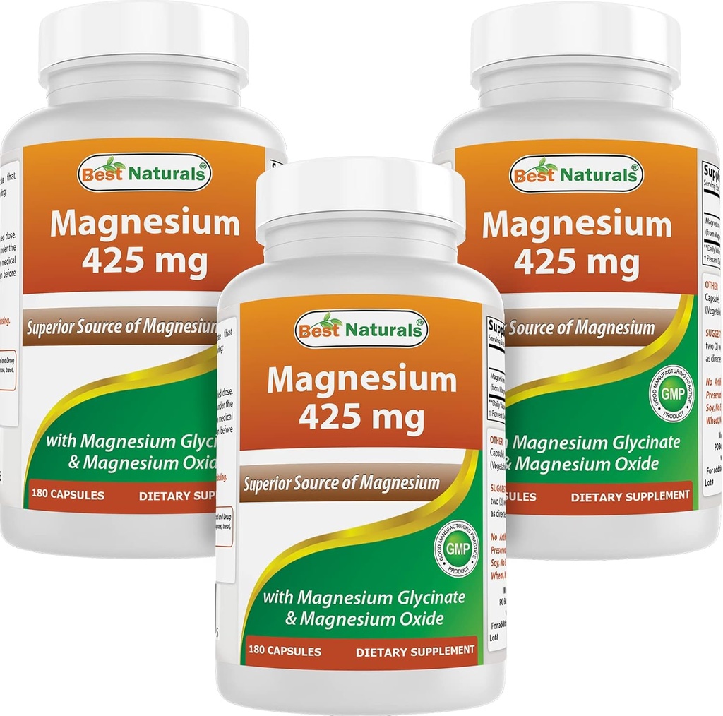 Najlepsze naturalne Magnezu 425 mg 180 Veggie kapsułki - Wysoka absorpcja Magnezu Glicynian i tlenek magnezu Chelated, Non-GMO, Gluten Free Muscle Relax (180 Count (Pack of 3))