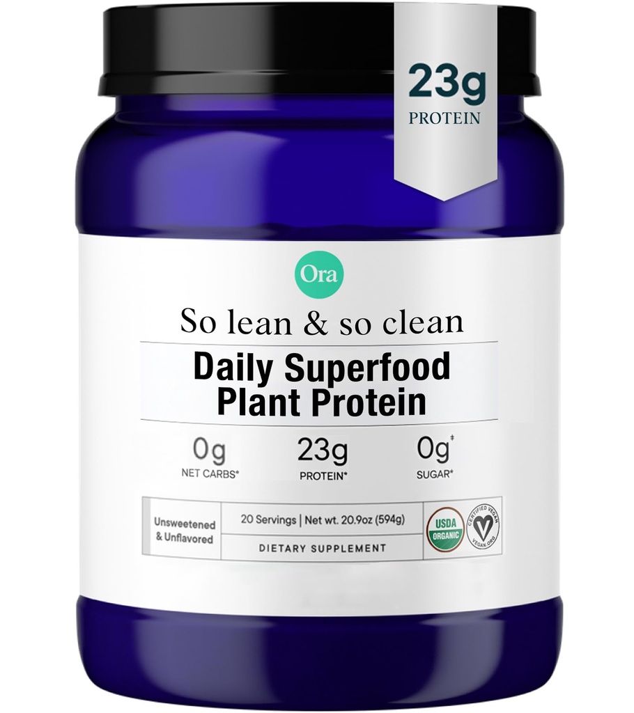 Ora Organic Vegan Protein Powder - 23g roślin Pea Protein + Superfood dla kobiet i mężczyzn - Niesłodzone i niesmakowane - 20 Sług, No Erythritol, Keto- Przyjazny, Gluten- Free, Paleo, Soy- Free