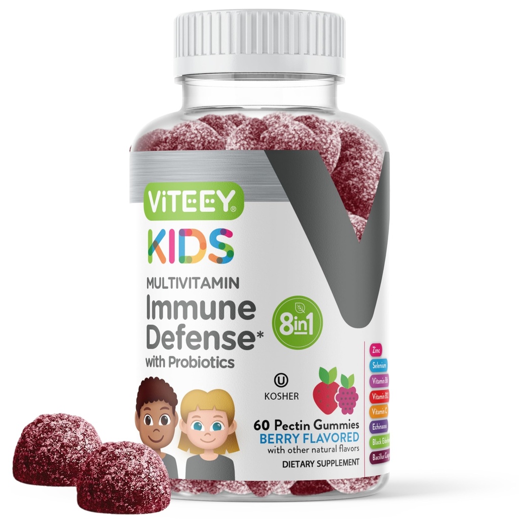 Witeey Kids Multivitamin Gummies z probiotykami - 8-1 Dzieci Witaminy do immunologicznego wsparcia zdrowia z witaminą C, D3, B12, B6, Cynk, Elderberry, Selenium - Wegetarianin - Smaczne do żucia Berry aromatyczne