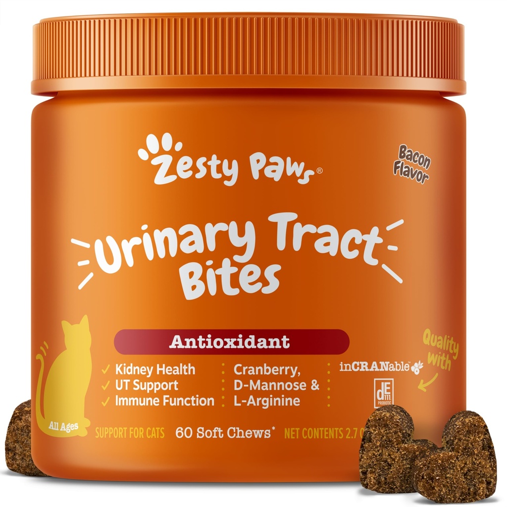 Zesty Paws Cranberry Urinary Tract Bites for Cats - Kidney & Urinary Tract Health - Soft Chews with D-Mannose, Vitamin B6 & L-Arginine - Immune & Gut Support - Bacon - 60 Count