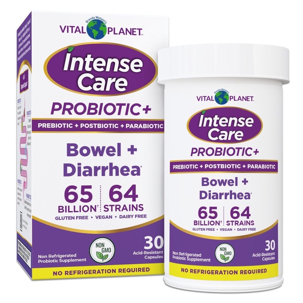 Vital Planet - Intense Care Bowel and Diarrhea Probiotic Supplement with Organic Prebiotics, Postbiotics, and Parabiotics, Lactobacillus Rhamnosus and Saccharomyces, 65 Billion CFU, 64 Strains, 30 Ct