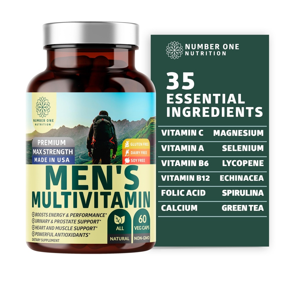 Numer 1 Żywienie Premium Daily Multimineralny suplement męski multimineralny [Gluten Free, Non-GMO], Witaminy A C E D B1 B2 B3 B5 B6 B12, Magnez, Biotin, Spulina i Cynk, 60 Czapki Veg