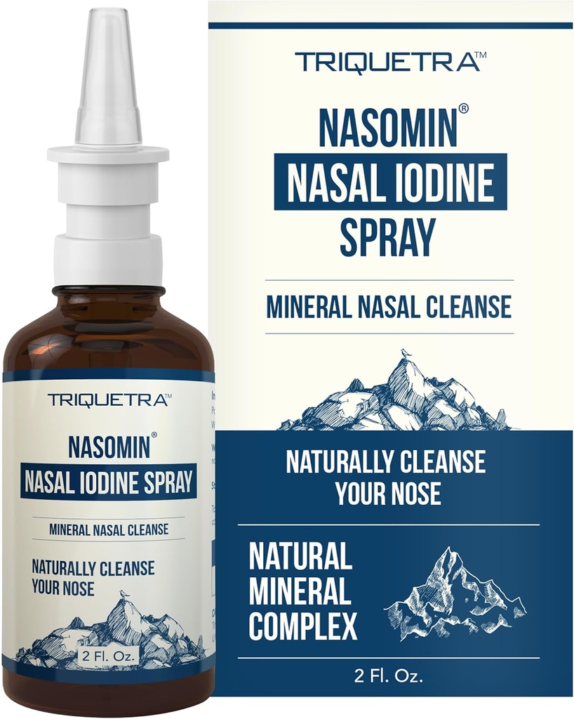 Nasomin ® Jod Nasal Spray - Oczyszcza i odświeża Twoje Przejścia do nosa - Jod & Mieszanka kwasu Fulvic - 150 + Zastosowanie na butelkę - 100% Naturalna Mineralna Formuła - (2 oz. Butelka + Rozpryskiwacz do nosa)