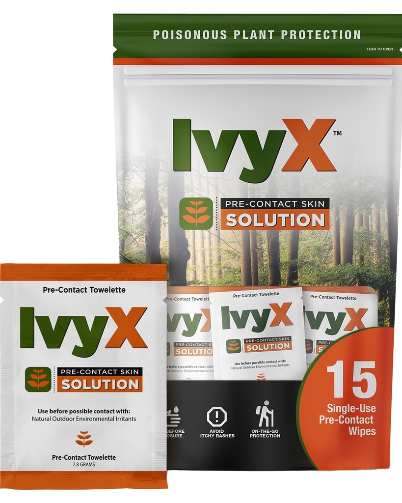 CoreTex Ivy X Pre-Contact Poison Ivy Wipes with Resealable Travel Bag - Pack of 15 Single-Use Barrier Wipes - Also Works on Poison Oak & Sumac Oils - Quick Dry & Chalk-Free Formula