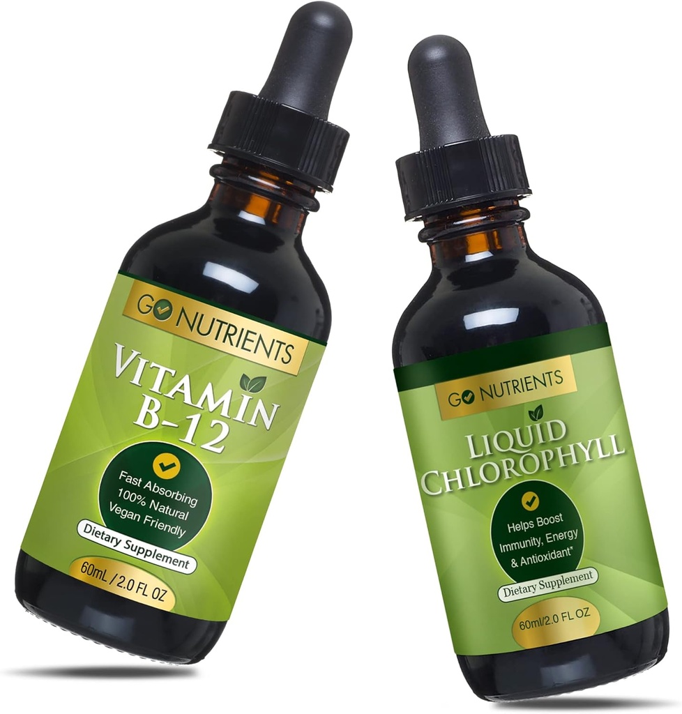Go Nutrigents Witamina B12 2 oz & Chlorofil płynny 60 ml GMO Bezpłatne, Wegański Przyjazny, Gluten wolny, Soy Wolny, Płynny Chlorofil Wegański Przyjazny B12 Podjęzykowy Suplement z 3000 µg Metylokobalaminy