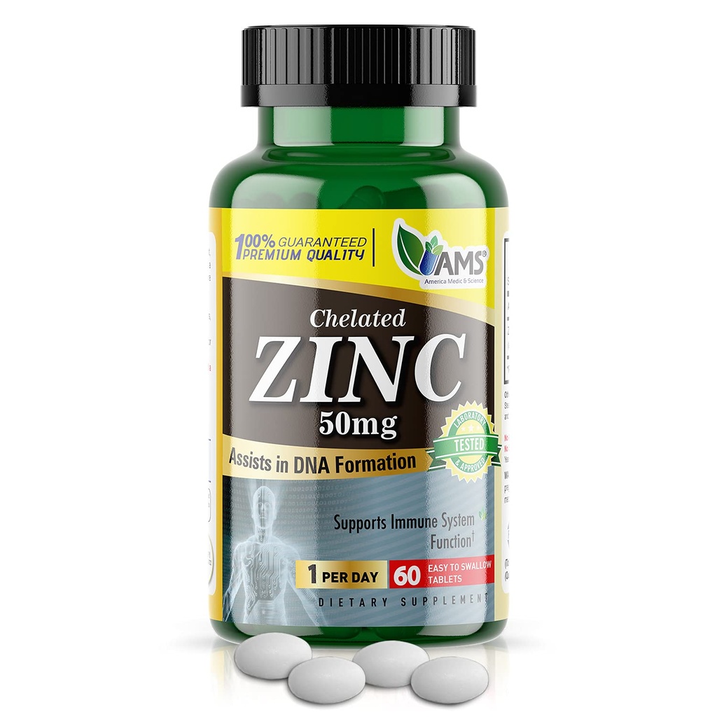 America Medic & Science Chelated Cynk 50 mg Suplementy (1 Opakowanie po 60 tabletek) Wzmacniacz immunologiczny i silne leki przeciwutleniające dla dorosłych mężczyzn i kobiet 124; Wysoko wchłanialny minerał, poprawia nastrój i sen
