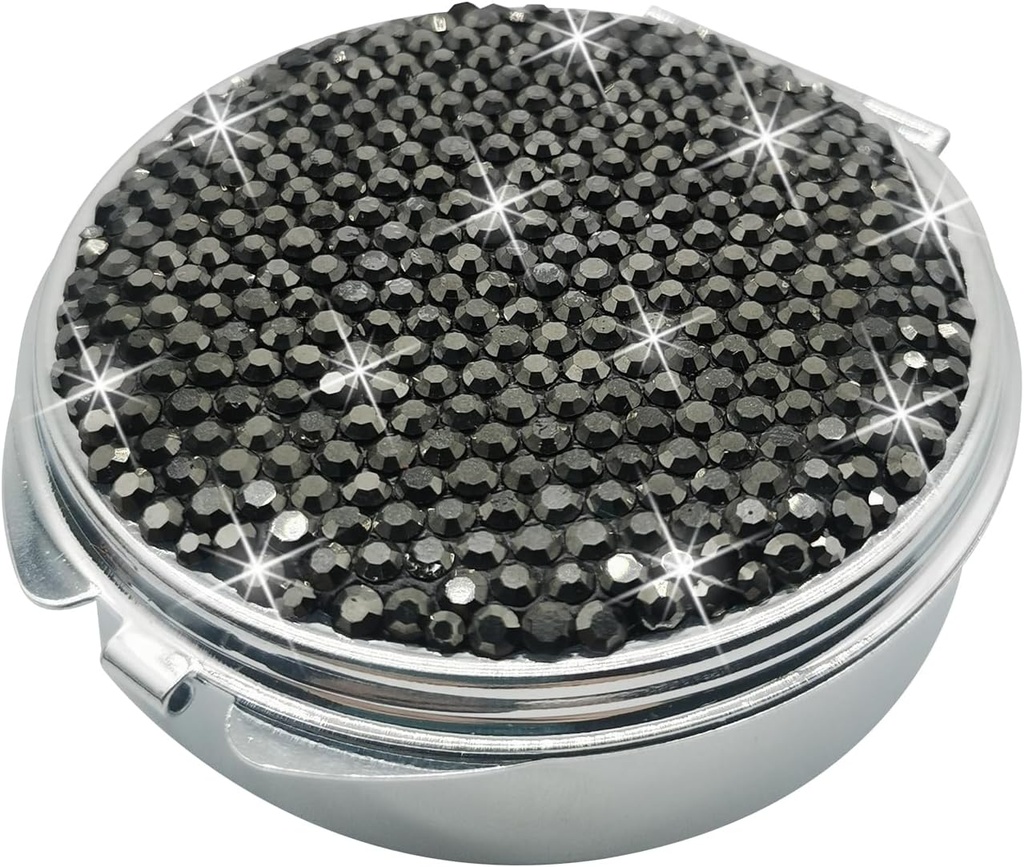 Bling Pill Case for Purse Medicine Vitamin Container Holder Pocket Pill Case Round Medicine Organizer for Vitamin/Fish Oils/Supplement Travel Medicine Kit (3 Compartment Black)
