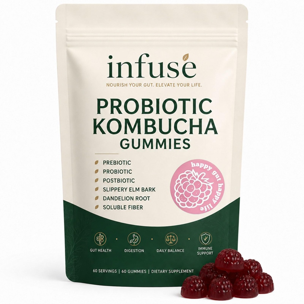 Infuse Probiotic Kombucha Gummies, Postbiotic Daily Digestive Wellness Supplement with Slippery Elm & Dandelion Root, Gut Health Support, Natural Raspberry Flavor