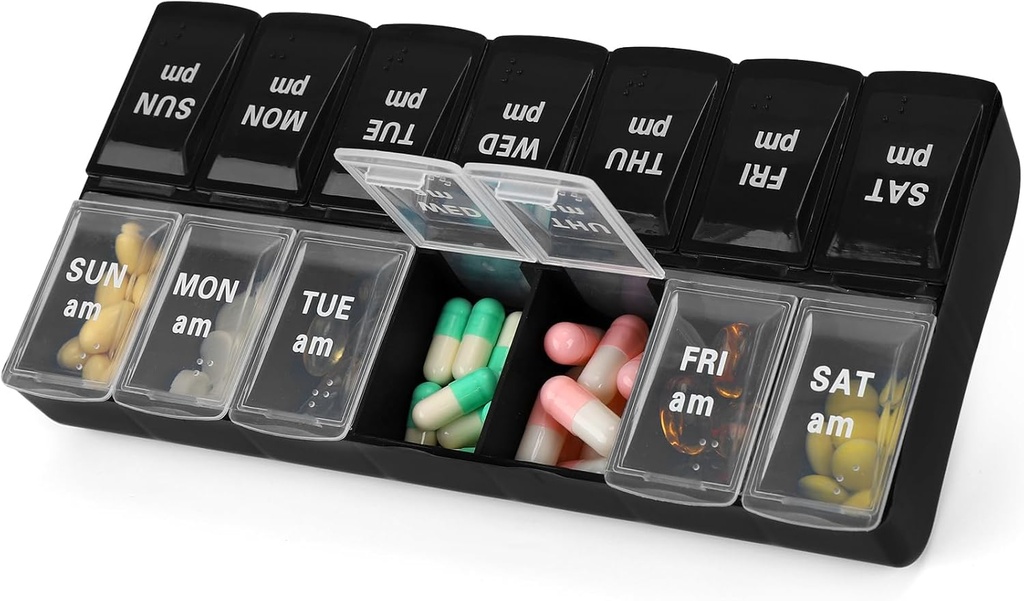 7 Day Weekly AM PM Pill Organizer, 2 razy w ciągu dnia duży pill Case Pill Box for Pills suplementy witaminy (Czarny + biały, 2 razy)