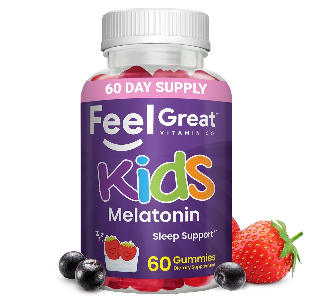 Feel Great Kids Melatonin Gummy | Strawberry Flavored Melatonin Gummies Kids | 1 MG of Melatonin Sleep Aid for Kids | Vegan Gummies | 60 Day Supply