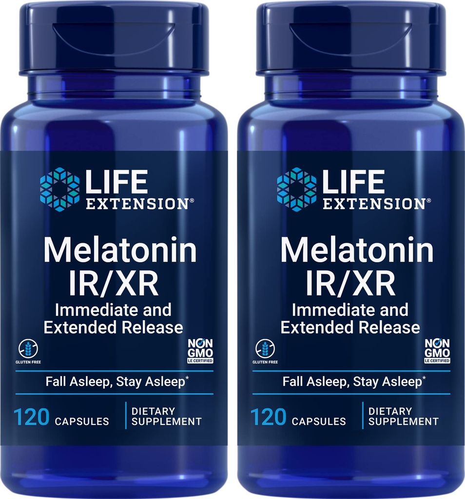 Life Extension Melatonin IR / XR, 120 Kapsułki (Opakowanie 2) - Natychmiastowa i Extended- Release dla 7 Hours Support - Night Time Supplement - Stay Asleep All Night Long - Non-GMO, Gluten- Free