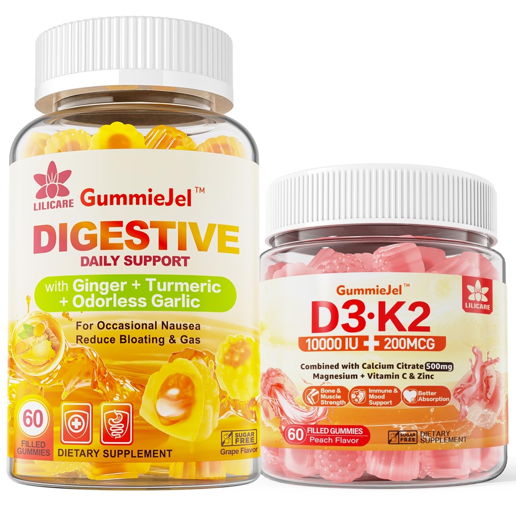 Witamina D3 K2 Napełnione Gumiaki 5000j. m. / 10 000 j. m. z 500 mg wapnia, magnezu cytratu, witaminy C i Ginger Chews Suplement Gumiaki dla Nudności, Stomach Relief