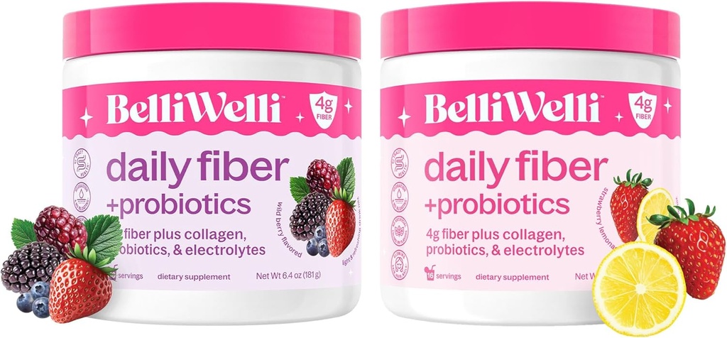 Belli Welli Daily Fiber Supplement Bundle z Collagen, Probiotyki i Electrolytes - Lemoniada truskawkowa & Wild Berry Flavors - Wsparcie trawienia, Gut Balance, & Debloating - 32 Sługi