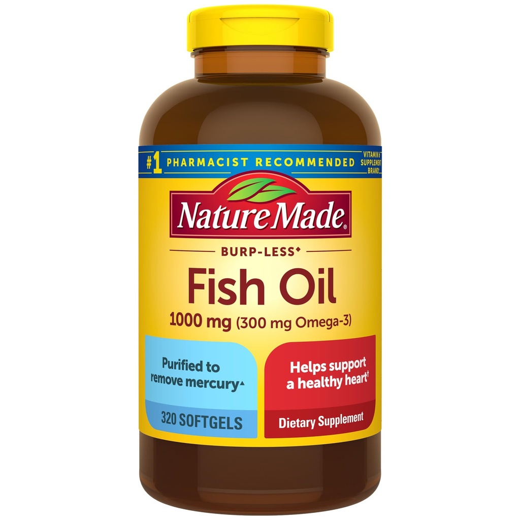 Nature Made Burp Less Fish Omega Oil 3 Suplementy, 1000mg Softgels, Omega 3 Fish Oil Supplements for Healthy Heart Support, 320 Softgels, 160 Day Supply