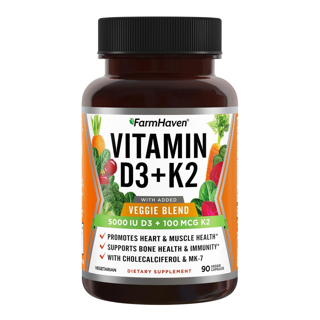 FarmHaven Witamina D3 K2 Kapsułki - 5000 j.m. D3 i 100 µg K2 - Cholekalcyferol MK7 z Veggie Fruit Blend - suplement D K2 dla układu immunologicznego i zdrowia serca - Wegetarianin, Non-GMO, 90 Caps