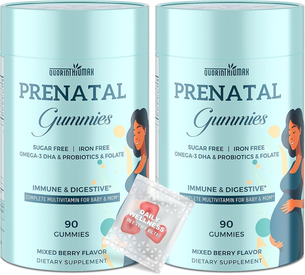 Prenatal Gummies Sugar Free 180 Count - Organic Prenatal Vitamin for Women with Folate, DHA & Probiotics - Żelazo Free Prenatal Vitate Gummies for Immune & Digestive - 2 Butelki