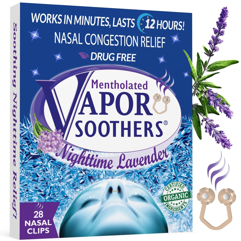 Nose Clips for Bad Smell by Vapor Soothers | Nasal Dilators for Breathing | Smell Nose Rings for Nurses | Instant Nasal Congestion Relief, Drug-Free | Nighttime Lavander, 28 Count