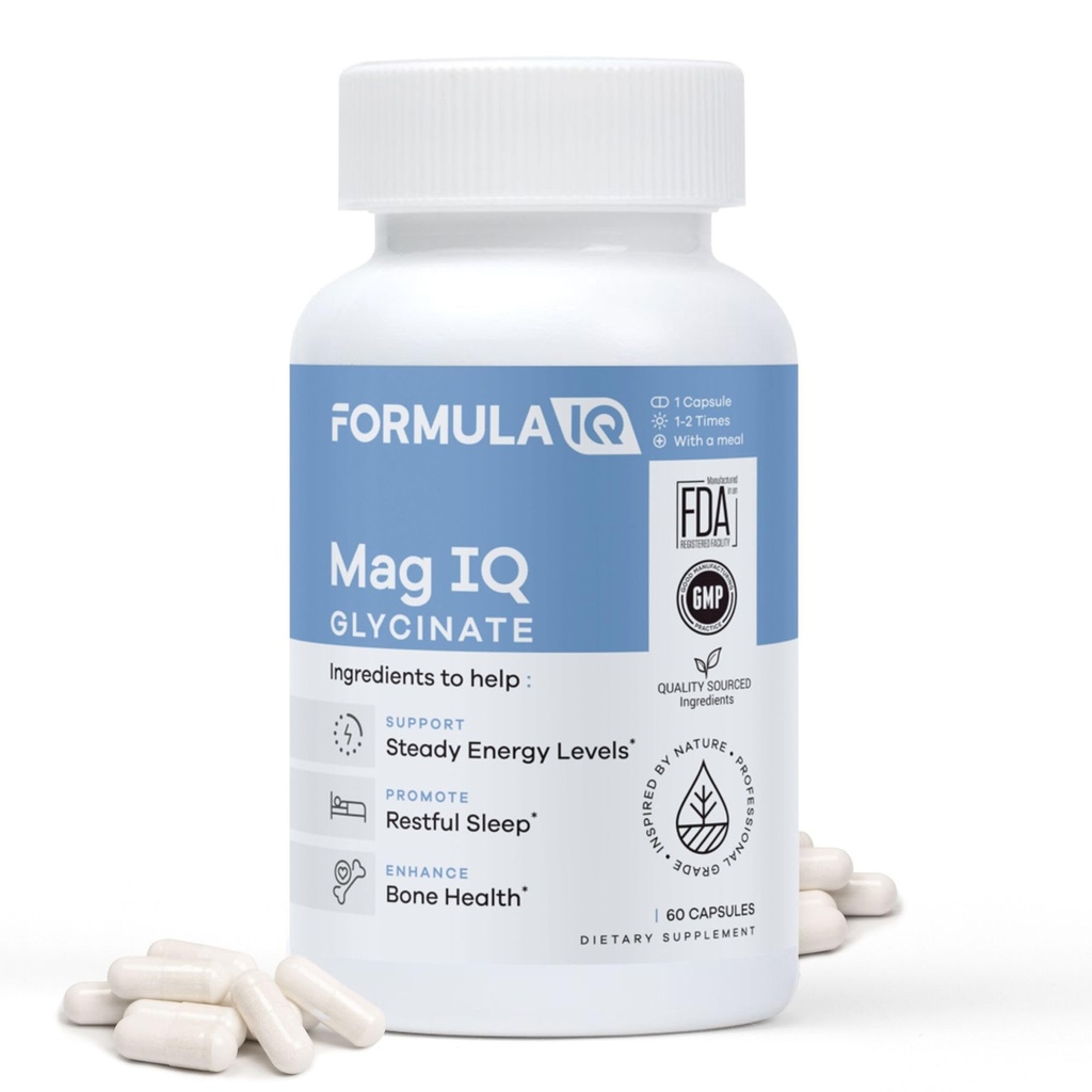 FIQ - Mag IQ Glycinate - Magnezu Bisglicinate Chelate TRAACS - Wysoka absorpcja Magnezu Glycinate Supplement - Sleep, Daily Energy, & Bone Wellness - 60 kapsułki