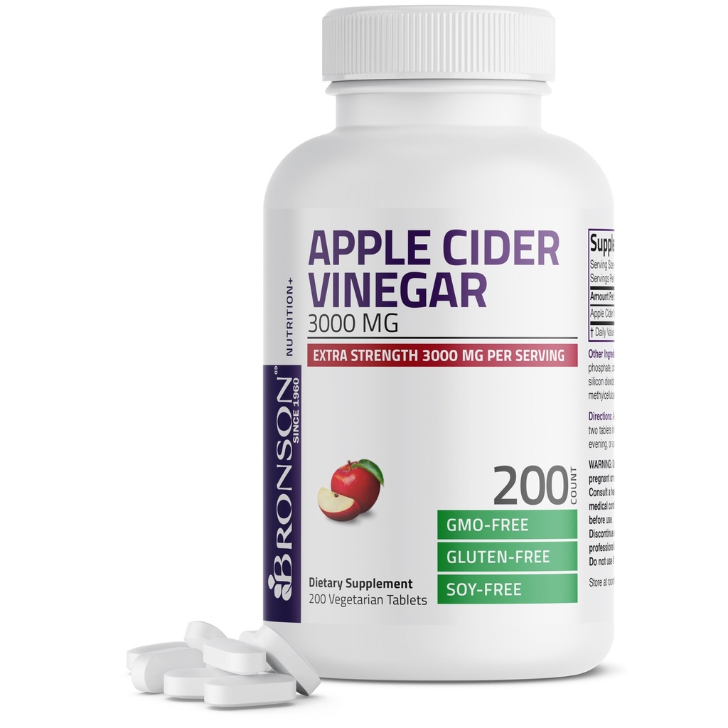 Bronson Jabłko Cider Ocet 3000 MG za podawanie dodatkowej siły - Non-GMO, 200 Tabletki wegetariańskie