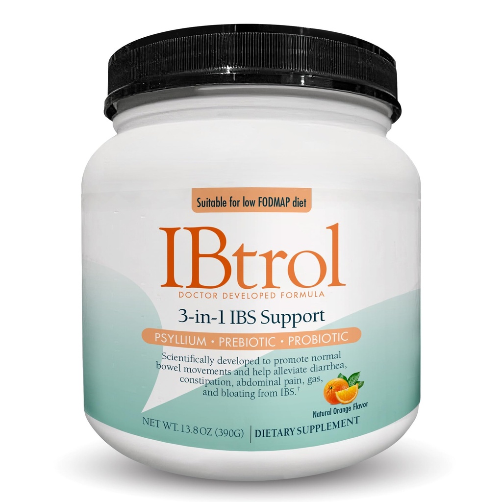 IBtrol ® 3- in-1 IBS Gut Suplement do Zdrowia z Psyllium, Prebiotyki i Probiotyki, Zarządzanie objawami IBS, Gaz, wzdęcia, Biegunka, Zaparcia, Ból brzucha 60 Służenie (Naturalny aromat pomarańczowy)