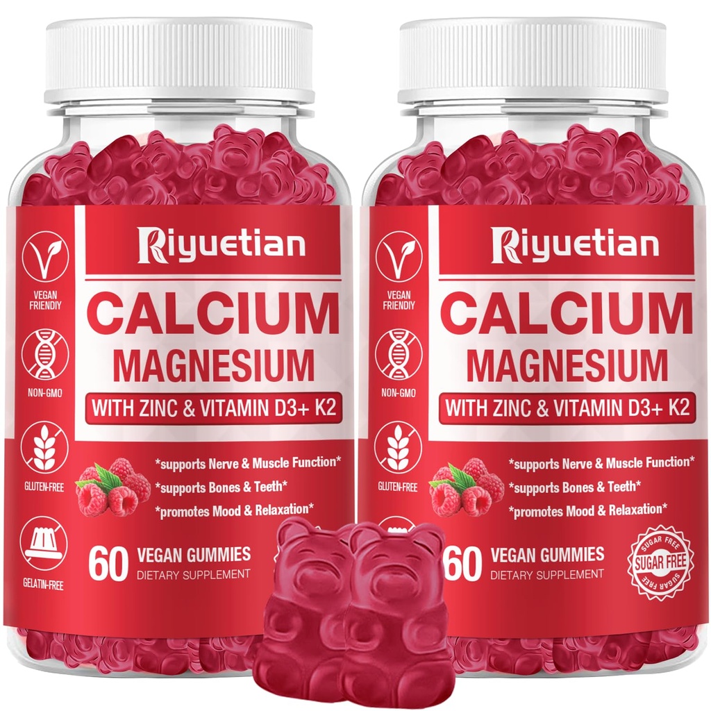 Gummie wapniowe + Magnez & Cynk z witaminą D3 & K2, Wysoka Absorpcja Suplement wapnia dla kości, Zęby i Wsparcie immunologiczne, Nie GMO, Wegan, 120 Liczba