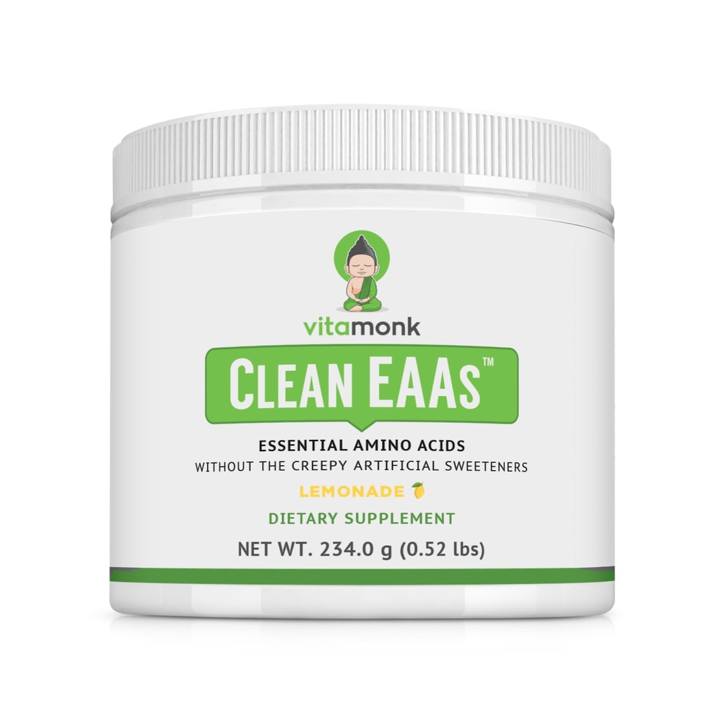 VitaMonk Clean EAA - EAA bez sztucznych słodzików do wstępnego treningu, energii i odzysku - Max Biodostępny proszek EAA z 9 podstawowych aminokwasów - Naturalny Lemonade Flavor