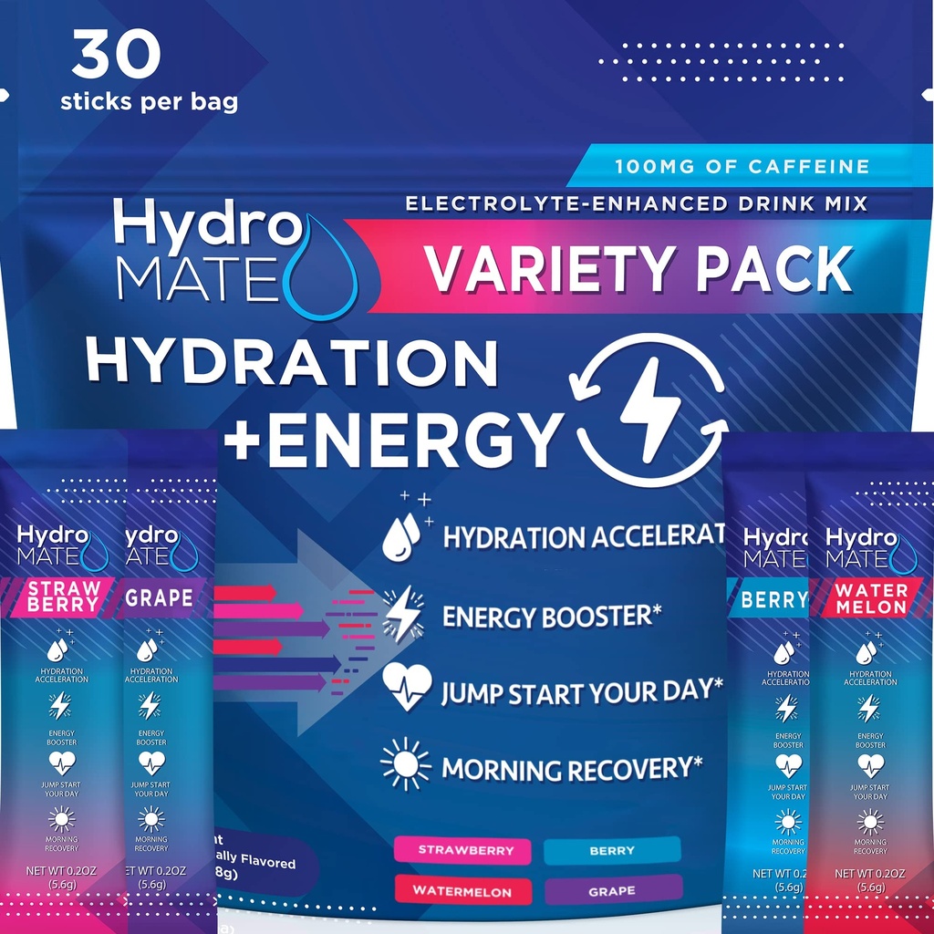 HydroMATE Electrolytes proszek napój Pakiety Hydration Akcelerator niskocukrowy Party Ulubione do szybkiego odzyskiwania witaminy C Plus Cafeline Variety Pack - 30 Liczba