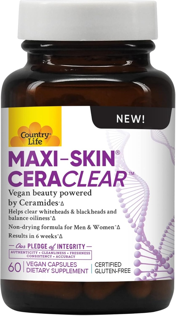 Country Life Maxi- Skin CeraClear, 60 Kapsułki Wegańskie - Klinicznie studiowane Ceramidy korzeniowe Konjac do wsparcia jasnych, Hydrated Skin & poprawić hiperpigmentację - Gluten Free, Vegan, Kosher