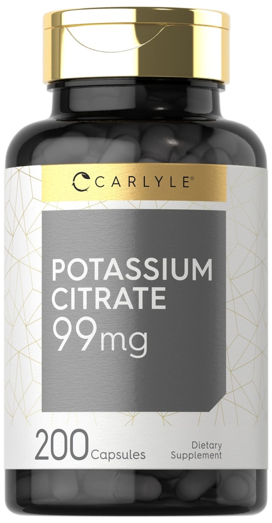 Carlyle Potasu Citrate Supplement Agregat 124; 99mg Agregat 124; 200 Kapsułek Agregat 124; Non- GMO i Gluten Free
