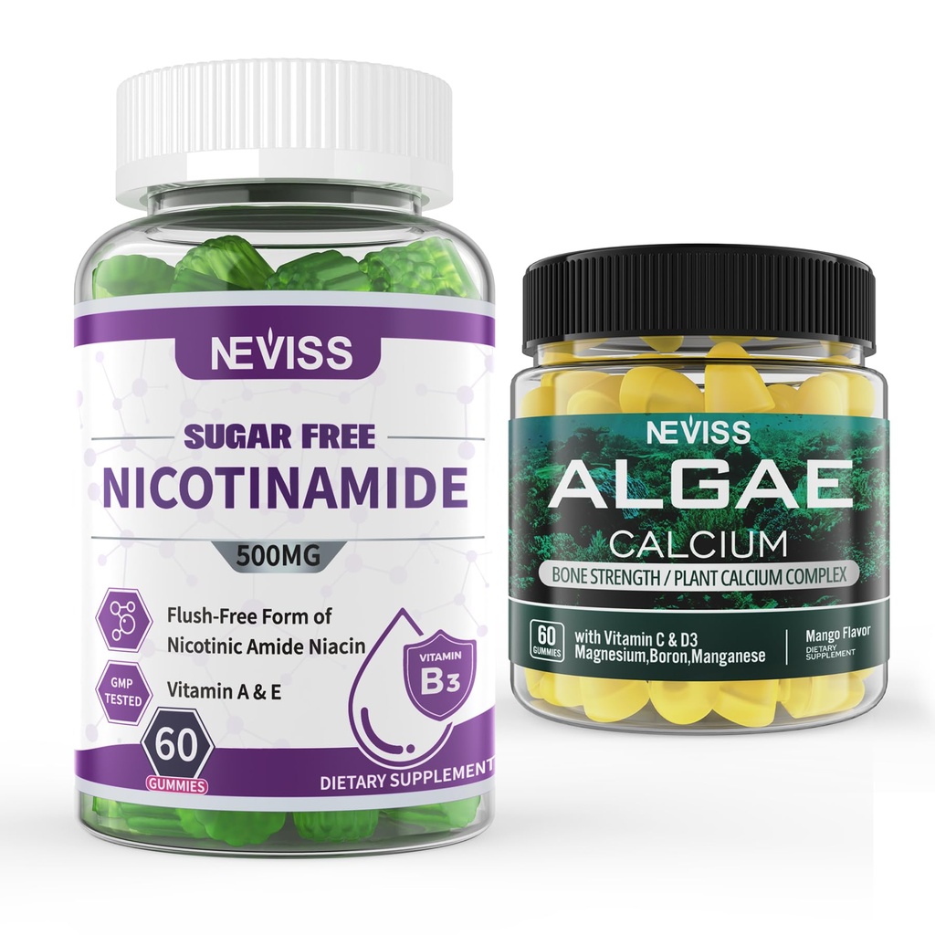 NEVISS Nikotynamid 500 mg Gumiaki + Marine Algae Wapnia Gumiaki Bundle