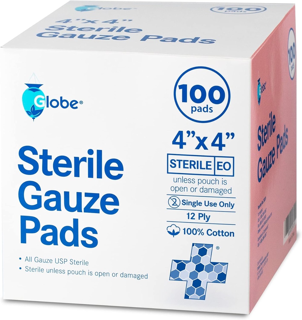 Globe 4 "x 4" Advanced Steryl Gauze Pads for Wound Dressing Netherlands 124; 100- Pack, Indywidualnie Packed Netherlands 124; 12- Ply Cotton & Highly Absorbent Netherlands 124; Advanced Gauze Sponge- Pads for Wound Care & Home First Aid Kits (4 x 4)